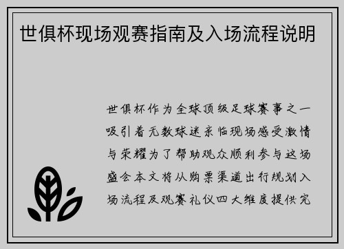 世俱杯现场观赛指南及入场流程说明